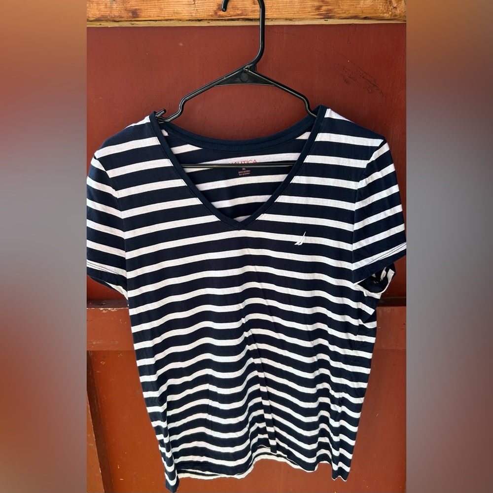 Nautica Dark Blue and White Striped V-Neck Tee